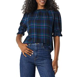 Amazon Essentials Chemise smock à manches courtes bouffantes en sergé fluide pour femme, tartan Chelsea noir et bleu, taille L