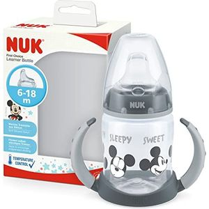 NUK First Choice+ Drinkfles, 6-18 maanden, 150 ml, anti-koliek ventiel, lekvrije drinksnavel, ergonomische handgrepen, BPA-vrij, Disney Mickey Mouse, grijs