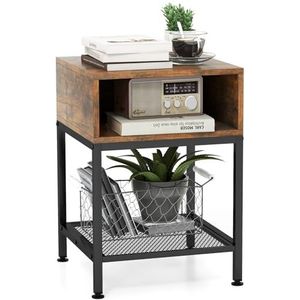 COSTWAY Bijzettafel met opbergvak en roosterplank, nachtkastje met metalen frame en verstelbare voetensteun, salontafel voor slaapkamer, woonkamer, design
