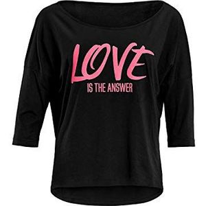 WINSHAPE Mcs001 Ultra licht modal-3/4-arm shirt met neon roze ""Love is the Answer"" glitterprint dames yoga shirt, zwart-neon-roze glitter