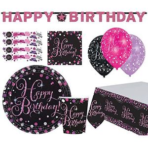 Amscan 9050 0415-66 Happy Birthday partyset, 41-delig, borden, bekers, servetten, ballonnen, confetti, tafelkleed, ketting, wegwerpservies en decoratie, verjaardag, feest