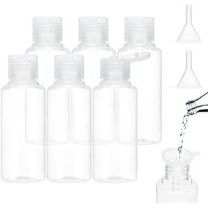 BillyBath Set van 6 reisflessen om te vullen 100 ml - Set van 6 vloeibare flessen om te vullen met 2 kleine trechters - Transparante plastic flessen - Voor shampoo, lotion