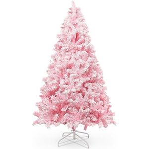 himaly 210 cm roze gevlokte kerstboom met gevlokte decoratie en sneeuwvlokken, 1200 punten pvc-dennenbladeren en stabiele basis, kerstboom voor kerstdecoraties