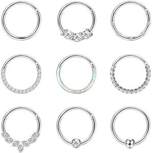 JeweBella 9 stuks 16 g neuspiercing ringen chirurgisch staal septum piercing kraakbeen oorbellen dames CZ opaal piercings helix tragus zilver lippen neus ringen conch daith piercing sieraden 8/10 mm,
