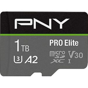 PNY PRO Elite microSDXC geheugenkaart 1TB + SD-adapter, A2-app-prestaties, leessnelheid tot 100 MB/s, klasse 10 UHS-1, U3, V30 voor 4K-video's