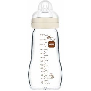 MAM Glazen fles, 2-4 maanden, 260 ml, met speen 2 met gemiddelde doorstroming van siliconen, gemakkelijk te reinigen, voelt goed, neutraal, 1 stuk