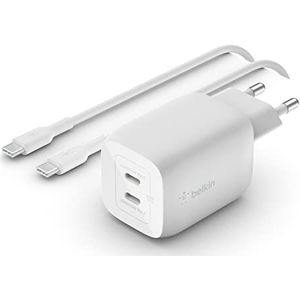 Belkin 65W USB-C dual port netlader Power Delivery 3.0 snellader met GaN-technologie voor iPhone 15, iPhone 14, iPad Pro, MacBook, Galaxy S23, Pixel enz., (USB C-C-kabel inbegrepen)