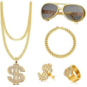 JurciCat 5 stuks hiphop dollar ketting & ring bling gouden ketting bril Amerikaans kostuum jaren 80 90 outfit heren accessoires carnaval kostuum, Goud