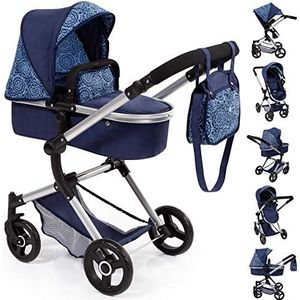 Bayer Design 18403AA Poppenwagen Neo Vario, wandelwagen, verstelbare en zwenkbaar duwstang, met tas, Blauw met patroon