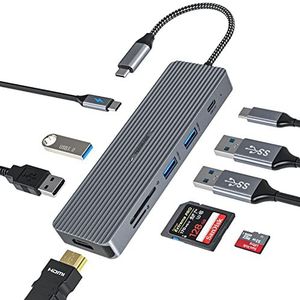 USB C-hub, 9-in-1 USB C-adapter met HDMI 4K, PD, 3 USB-A en USB-C 3.0 data-aansluitingen, USB 2.0, TF/SD-kaartlezer, USB C-dockingstation voor MacBook en meer type C-apparaten