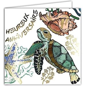 Afie 22094 kaart met vierkante envelop, 15 x 15 cm, gelukkig, in goud, glanzend, marineblauw schildpad, gestructureerd, als cadeau voor kinderen, jongens, meisjes of volwassenen, heren, dames, gemaakt in Frankrijk