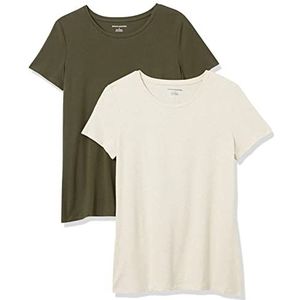 Amazon Essentials Set van 2 T-shirts voor dames met korte mouwen en ronde hals, klassieke pasvorm, olijf/havermout gemêleerd, maat XL