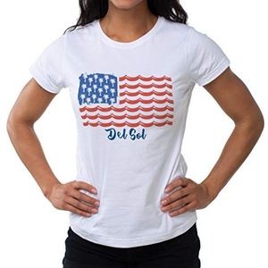 Del Sol Tropical Americana T-shirt voor dames, met ronde hals, wit T-shirt, verandert van grijs naar rood, wit en zonneblauw, 100% gekamd katoen, ringgesponnen, fijne jersey, maat L, Wit.