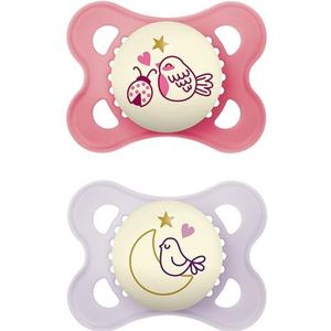 MAM Original Night 2-pack lichtgevende fopspeen van leer met fopspeenhouder, 2-6 maanden, roze