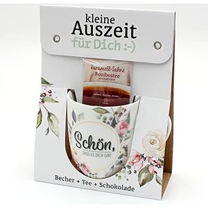 Geschenkset, kleine pauze, koffiemok van porselein + thee + chocolade, motief ""Schön, dass es Dich gibt/Blumen"", afmetingen H x Ø: 9,8 x 8,2 cm, inhoud 250 ml, geschikt voor