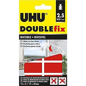 UHU Doublefix Invisible - Dubbelzijdig plakband, ultrasterk, 2,5 kg weerstand, transparant, 12 tabletten 40 mm x 19 mm