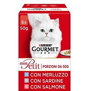 Purina Gourmet Mon Petit Natvoer voor katten, delicate viscreaties, met kabeljauw, sardines, zalm, 48 zakjes x 50 g (8 verpakkingen van 6 x 50 g)
