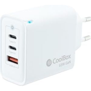 CoolBox 2x USB C + USB A 65W Chargeur avec Technologie GAN, QuickCharge 3.0 + PowerDelivery, Compatible avec iPhone/iPad/Galaxy/Xiaomi, Format Ultra Compact, Couleur Blanc