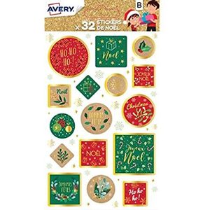Avery - Set met 32 decoratieve stickers – traditioneel thema, groen en rood