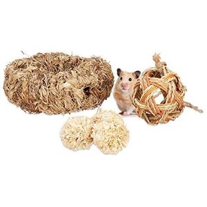 Relaxdays Hamster-accessoireset, 5 stuks, grasbuis en 4 ballen, kooiobject, knaagdieren, muis, stro, natuur