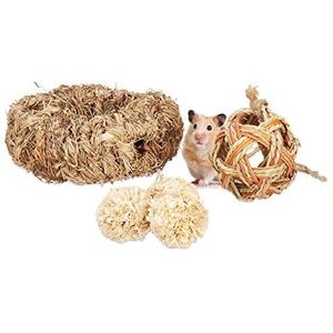 Relaxdays Hamster accessoireset, 5 stuks, gras en 4 ballen, kooi-object, knaagdieren, muis, stro, natuur