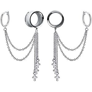 LYLLYL Lot de 2 bouchons d'oreille en acier inoxydable pour femme - Boucles d'oreilles en forme de croix + plug + pendentif à tige - Bijoux de piercing pour lobe d'oreille étiré, 18mm, Acier