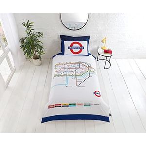 London Underground Tube dekbedovertrek en kussensloop beddengoedset, eenpersoonsbed, wit
