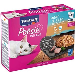 VITAKRAFT - Kattenvoer ""Poëzie"" - Complete natvoer voor katten - Op basis van vlees en vis in gelei (india, zalm) - 6 zakjes van 85 g