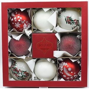 VITBIS Glazen bol voor kerstboomversiering, unieke grote kerstbal, diameter 8 cm, wit en rood, met glitterafwerking, unieke kerstdecoratie