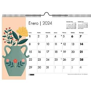 Miquelrius - Wandkalender 2024, formaat A3: 420 x 296 mm, met ruimte om te markeren, dubbele spiraalbinding, Spaans, roze pioenroos, vazen