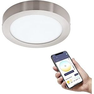 EGLO connect.z LED plafondlamp Fueva-Z, Ø 21 cm, plafondlamp ZigBee voor badkamer, APP bestuurbaar en spraakbediening, warm wit - koud, dimbaar, nikkel-mat, IP44