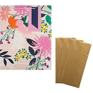 Hallmark Cadeaupapier en zakje voor vele gelegenheden: 1 grote cadeauzak en 3 vellen goudkleurig zijdepapier in moderne designs in roze, wit en goud