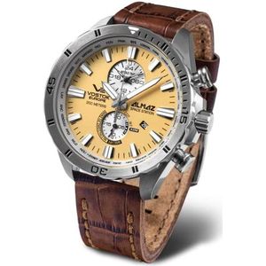 Vostok Europe Almaz Space Station Chronograaf voor heren, chronograaf, met leren band, zilver/beige riem, Zilver/Beige, Riem