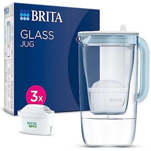 BRITA Blauwe glazen karaf (2,5 l) inclusief 3 Brita MAXTRA Pro All-in-1 filterpatronen - vermindert kalk, chloor, bepaalde verontreinigingen en sommige metalen