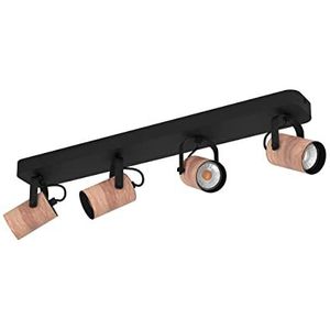 EGLO Cayuca led-spot-rail, 4 draaibare spots, draaibare spots, plafondlamp van natuurlijk hout en zwart metaal, plafondlamp met GU10-lampen, warmwit