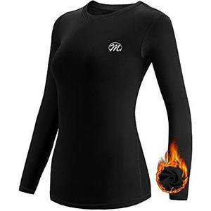 MEETWEE Thermisch ondergoed voor dames, compressieshirt met lange mouwen en fleecevoering, voor hardlopen, training, skiën, zwart.