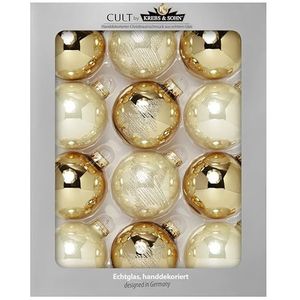 Krebs & Sohn 12 stuks glazen ballen kerstboomversiering om op te hangen, kerstballen, assortiment ivoor goud