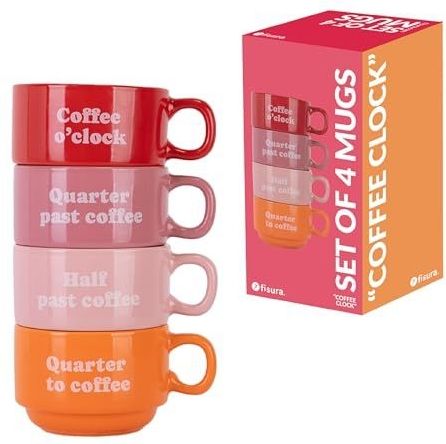 Fisura Originele mokken set ""Coffee Clock"". Witte mokken met grappige spreuken. Originele mokken met boodschap om cadeau te geven. Set van 4 grappige keramische mokken