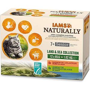 IAMS Naturally Vochtig voer voor senioren, 12 versheidszakjes voor 2 pasteitjes aarde/zee in saus, zonder suiker, GMO, plantaardige eiwitten, kleurstoffen, kunstmatige smaak, 12 x 85 g