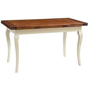 Biscottini Uittrekbare tafel van massief lindehout in country-stijl, shabby-stijl, witte structuur, walnoothout, tafelblad l 140 x d 80 x h 80 cm