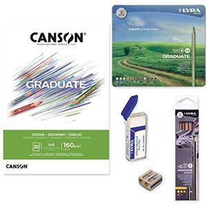 Canson Graduate tekening A4 fijn met 30 vellen à 160 g, grafiet artistiek 6 stuks, etui Lyra kleurpotloden, 24 stuks, gum en puntenslijper Ofituria