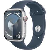 Apple Watch Series 9 (45 mm GPS + mobiel) met zilverkleurige aluminium kast en stormblauwe sportband (S/M) tracker voor fysieke activiteit, apps voor zuurstof in het bloed en ECG, waterbestendig