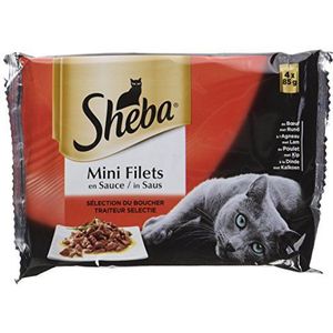 SHEBA Maaltijden voor katten, 52 vershoudzakjes (13 verpakkingen 4 x 85 g) – kattenvoer met netten in saus – rundvlees/kip/lam/eend en kalkoen – compleet en uitgebalanceerd voer met natuurlijke