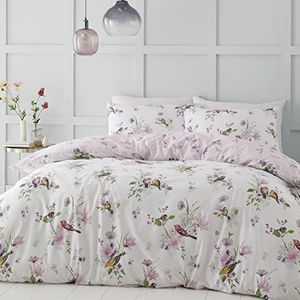 Catherine Lansfield Beddengoedset voor tweepersoonsbed, dekbedovertrek en kussenslopen, motief zangvogel, roze
