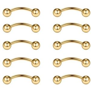 Gojewen 10 stuks gebogen barbells voor wenkbrauwen, lippen, rook, helix, tragus, brug, piercing, buik, piercing, 16 g, roestvrij staal, 6 mm, 8 mm, 10 mm, Metaal