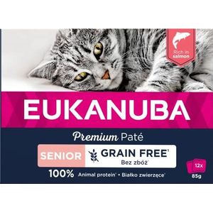 EUKANUBA Grain Free Droogvoer voor senioren katten, premium natvoer rijk aan zalm voor oudere katten, 12 x 85 g
