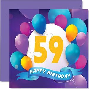 Verjaardagskaart voor dames en heren, ballonfeest, verjaardagskaart voor 59 jaar, voor mannen, vrouwen, mama, papa, tante oom, oma, broer, zus, 145 mm x 145 mm
