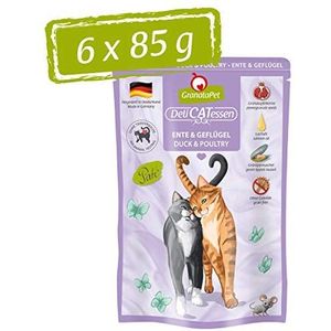 GranataPet Delicatessen Eend & gevogelte 6 x 85 g natvoer voor katten, gourmet kattenvoer, graanvrij en suikervrij