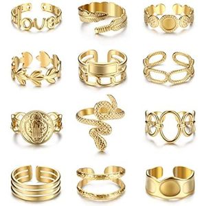 FIOROYAL 12-delige damesring, roestvrij staal, verguld, boho, minimalistische ring, stapelbaar, open, slang, verstelbaar, goud, zilver, damesring