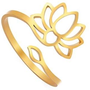 TEAMER Lotus-ring, verstelbaar, roestvrij staal, puntkomma, yoga meditatie, symbool, inspirerende sieraden voor vrouwen, tieners en meisjes, Roestvrij staal, Geen edelsteen